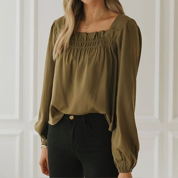 Fashion Jackson The Drop Olive Green long sleeve smocked top size medium - Picture 1 of 8